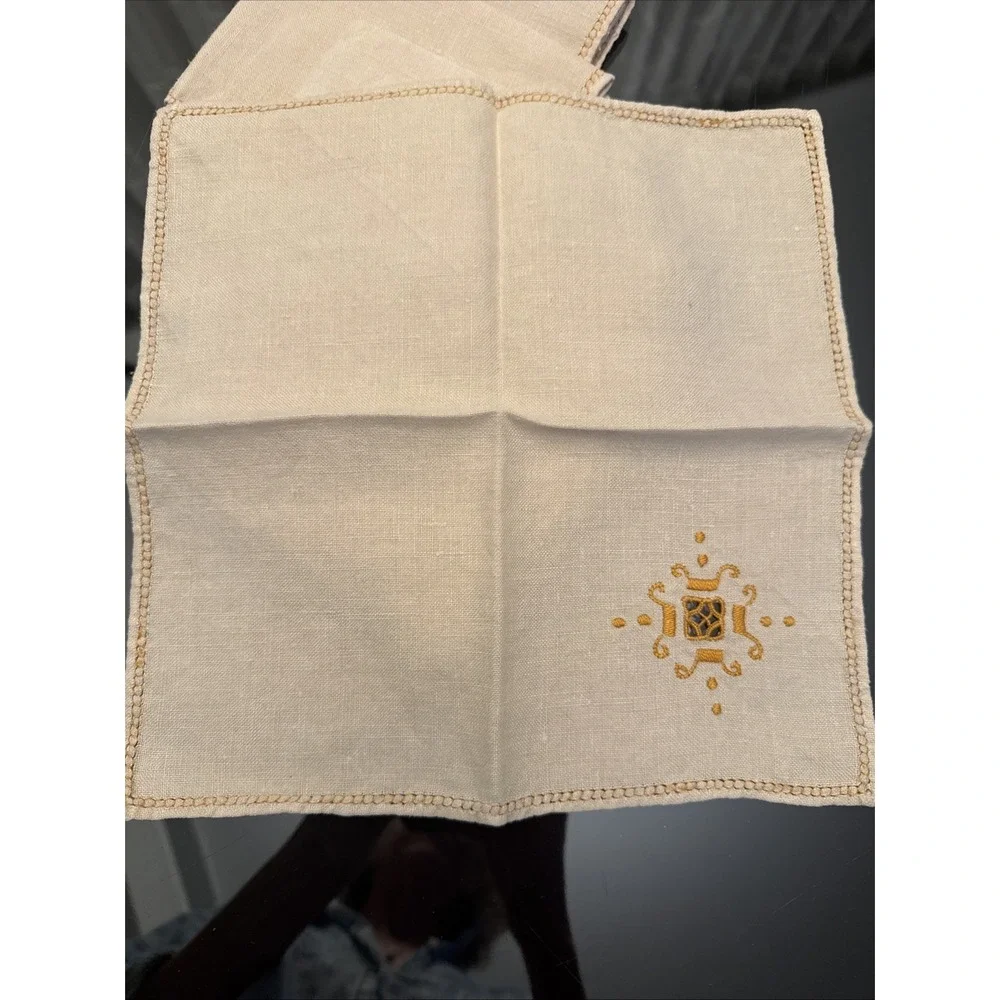 Set Of 6 Napkins Natural Beige‎ Orange Embroidered  Edges Blend Linen Fabric 10